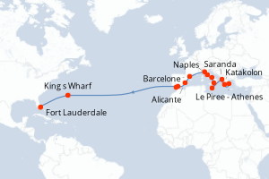 Carte de l'itinéraire de croisière Le Piree - Athenes-Fort Lauderdale d'une durée de 24 jours