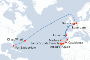 Carte de l'itinéraire de croisière Fort Lauderdale-Douvres d'une durée de 26 jours