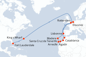 Carte itinéraire croisière États-Unis, Royaume-Uni, Pays-Bas, Maroc, Espagne, Portugal - 27 jours au départ de Fort Lauderdale - Transatlantique