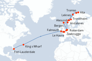 Carte de l'itinéraire de croisière Rotterdam-Fort Lauderdale d'une durée de 28 jours