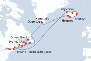 Carte de l'itinéraire de croisière Boston-Boston d'une durée de 28 jours