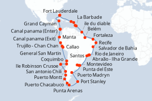 Carte itinéraire croisière États-Unis, Caïmans (Îles), Panama, Équateur, Pérou, Chili, Îles Malouines, Uruguay, Argentine, Brésil, France, Barbade, Sainte-Lucie, Antigua-et-Barbuda, Porto Rico - 70 jours au départ de Fort Lauderdale - Caraïbes Bahamas