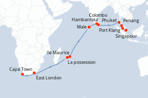 Carte de l'itinéraire de croisière Singapour-Cape Town d'une durée de 22 jours