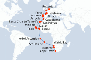 Carte de l'itinéraire de croisière Cape Town-Rotterdam d'une durée de 35 jours