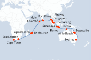 Carte de l'itinéraire de croisière Sydney-Cape Town d'une durée de 40 jours