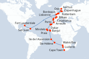 Carte de l'itinéraire de croisière Cape Town-Fort Lauderdale d'une durée de 54 jours