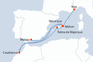 Carte de l'itinéraire de croisière Nice-Malaga d'une durée de 6 jours