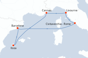 Carte de l'itinéraire de croisière Barcelone-Barcelone d'une durée de 7 jours