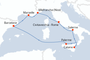 Carte de l'itinéraire de croisière Barcelone-Barcelone d'une durée de 8 jours