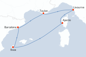 Carte de l'itinéraire de croisière Barcelone-Barcelone d'une durée de 7 jours
