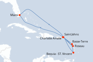 Carte de l'itinéraire de croisière Miami-Miami d'une durée de 10 jours