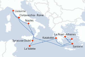 Carte de l'itinéraire de croisière Civitavecchia - Rome-Civitavecchia - Rome d'une durée de 10 jours