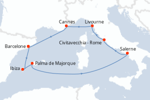Carte de l'itinéraire de croisière Barcelone-Barcelone d'une durée de 9 jours