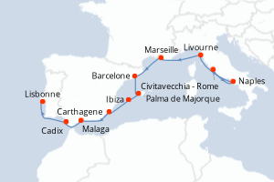 Carte de l'itinéraire de croisière Civitavecchia - Rome-Lisbonne d'une durée de 10 jours