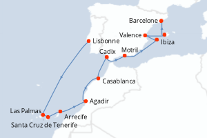 Carte de l'itinéraire de croisière Lisbonne-Barcelone d'une durée de 12 jours