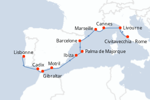 Carte de l'itinéraire de croisière Lisbonne-Civitavecchia - Rome d'une durée de 10 jours