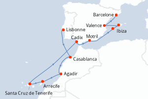Carte de l'itinéraire de croisière Lisbonne-Barcelone d'une durée de 12 jours