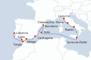 Carte de l'itinéraire de croisière Civitavecchia - Rome-Lisbonne d'une durée de 12 jours