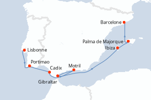 Carte de l'itinéraire de croisière Lisbonne-Barcelone d'une durée de 7 jours
