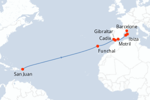 Carte de l'itinéraire de croisière San Juan-Barcelone d'une durée de 14 jours