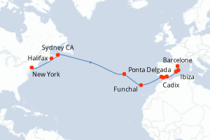 Carte de l'itinéraire de croisière New York-Barcelone d'une durée de 16 jours