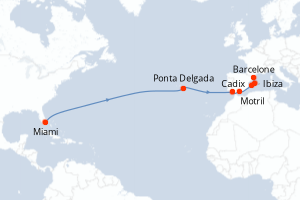 Carte de l'itinéraire de croisière Miami-Barcelone d'une durée de 15 jours