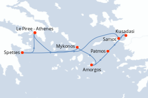 Carte de l'itinéraire de croisière Le Piree - Athenes-Le Piree - Athenes d'une durée de 7 jours
