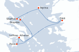 Carte de l'itinéraire de croisière Le Piree - Athenes-Le Piree - Athenes d'une durée de 7 jours