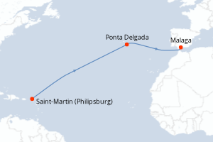 Carte de l'itinéraire de croisière Saint-Martin (Philipsburg)-Malaga d'une durée de 20 jours