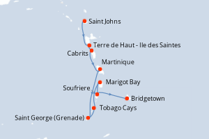 Carte de l'itinéraire de croisière Saint Johns-Bridgetown d'une durée de 7 jours