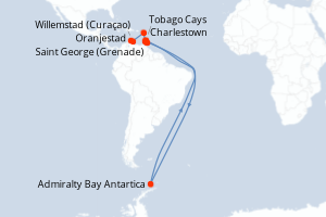 Carte de l'itinéraire de croisière Oranjestad-Saint George (Grenade) d'une durée de 10 jours