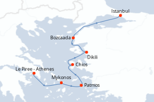 Carte de l'itinéraire de croisière Le Piree - Athenes-Istanbul d'une durée de 7 jours