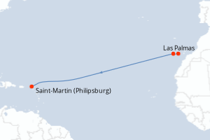 Carte de l'itinéraire de croisière Las Palmas-Saint-Martin (Philipsburg) d'une durée de 15 jours