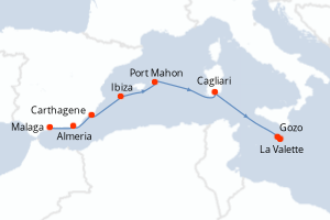 Carte de l'itinéraire de croisière Malaga-La Valette d'une durée de 9 jours