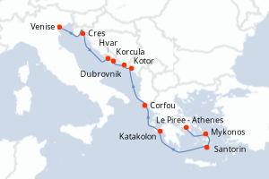 Carte de l'itinéraire de croisière Le Piree - Athenes-Venise d'une durée de 11 jours