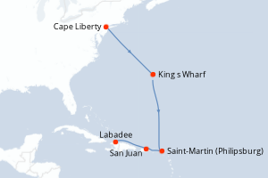 Carte de l'itinéraire de croisière Cape Liberty-Navigation d'une durée de 9 jours