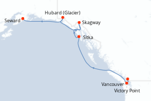 Carte de l'itinéraire de croisière Vancouver-Seward d'une durée de 7 jours