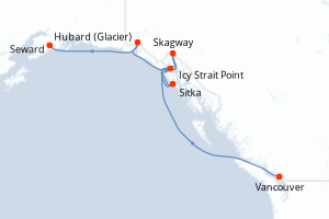 Carte de l'itinéraire de croisière Vancouver-Seward d'une durée de 7 jours