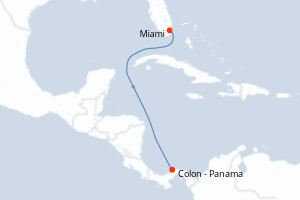 Carte de l'itinéraire de croisière Miami-Colon - Panama d'une durée de 3 jours