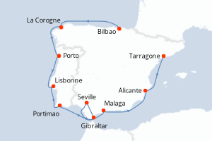 Carte de l'itinéraire de croisière Bilbao-Tarragone d'une durée de 9 jours