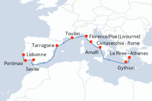 Carte de l'itinéraire de croisière Lisbonne-Le Piree - Athenes d'une durée de 11 jours