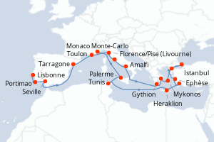Carte de l'itinéraire de croisière Lisbonne-Monaco Monte-Carlo d'une durée de 23 jours