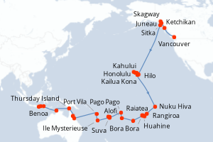 Carte de l'itinéraire de croisière Vancouver-Benoa d'une durée de 58 jours