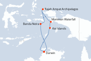 Carte itinéraire croisière Raja Ampat et les îles aux Épices - 11 jours au départ de Darwin - Australie Nouvelle Zélande