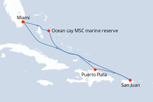Carte de l'itinéraire de croisière Miami-Miami d'une durée de 7 jours