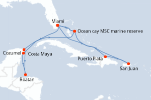 Carte de l'itinéraire de croisière Miami-Miami d'une durée de 14 jours