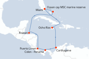 Carte itinéraire croisière États-Unis, Jamaïque, Colombie, Panama, Costa Rica, Honduras, Bahamas - 11 jours au départ de Miami - Caraïbes Bahamas