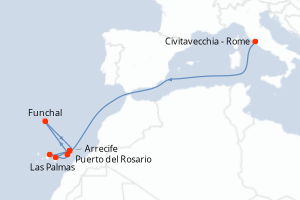 Carte de l'itinéraire de croisière Civitavecchia - Rome-Las Palmas d'une durée de 11 jours