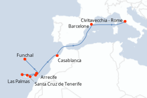 Carte de l'itinéraire de croisière Funchal-Civitavecchia - Rome d'une durée de 13 jours