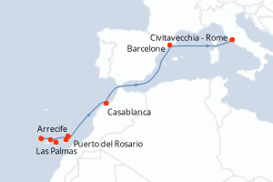 Carte de l'itinéraire de croisière Las Palmas-Civitavecchia - Rome d'une durée de 10 jours